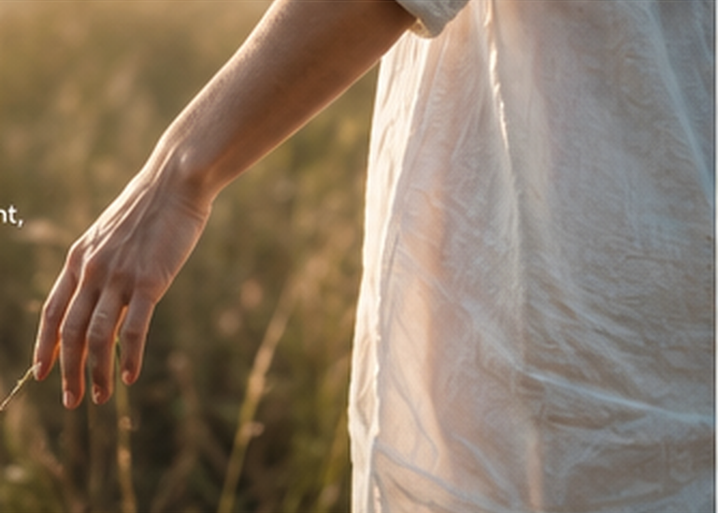 Frauenhand und helle Leinenkleidung in warmer Landschaft